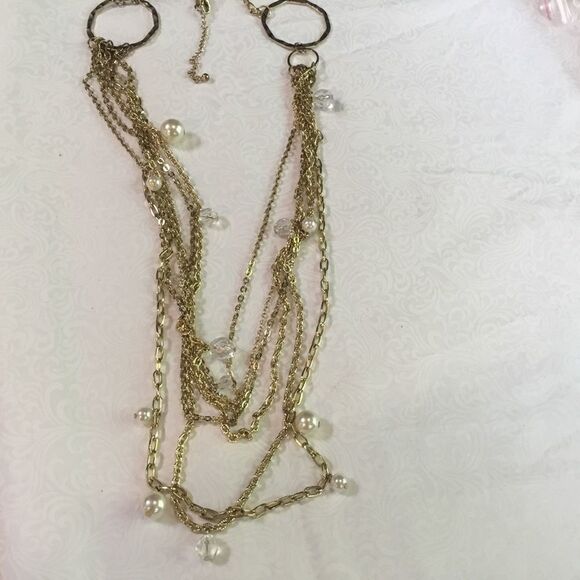 Jewelry - Goldtone Lacy Chain Necklace with Faux Pearls & Crystals